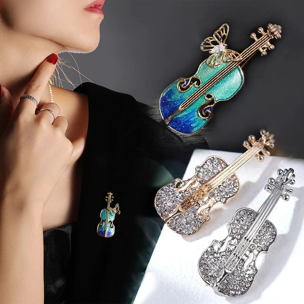 Creative Violin Shaped Brooches Faux Pearl Rhinestone Metal Butterfly Pins Overcoat Decor Jewelry Accessories Birthday Gifts - view 2