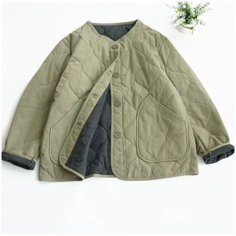 

Long Sleeve Women's Warmth Quilted Short Coat Pure Color Diamond PatternRetro Cotton Winter Jacket