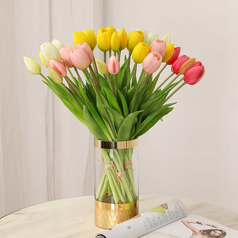 

5pcs Artificial Flowers Soft Tulip Fake Flower Real Touch Home Garden Table Wedding Decoration Simulation 5-Head Tulips Bouquet