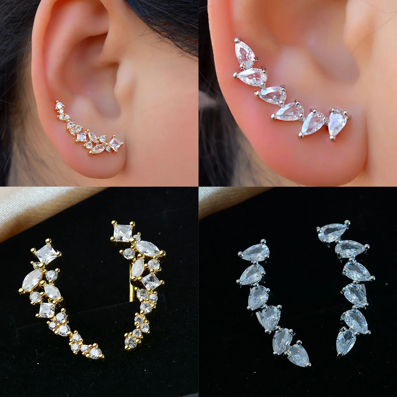 2PC Chic Statement Women Stud Earrings Crystal Climber Ear Crawlers Earrings With Clear Rhinestone Women Wedding Party Jewelry
