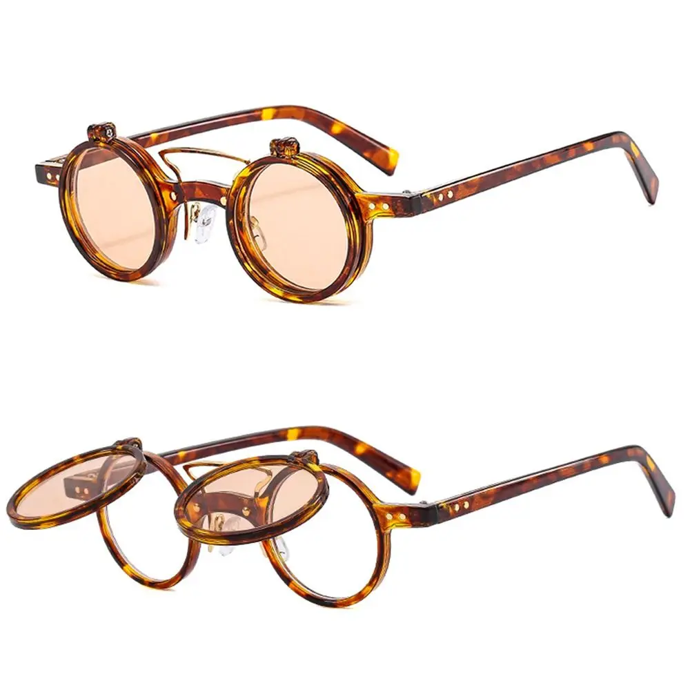 UV400 Double-layer Vintage Steampunk Flip-Up Sunglasses Punk Eyeglasses Small Round Sun Glasses Flip Lens