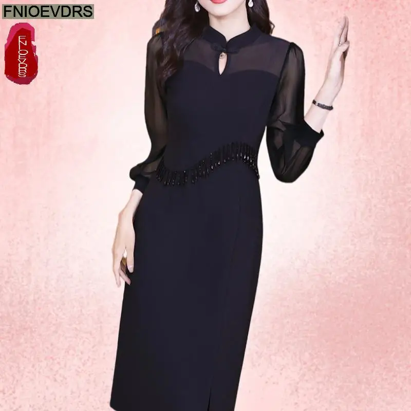 M-3XL Elegant Black Sheer Mesh Dress Women New Hot 2024 Autumn French European Style Design Vintage Retro Shirt Dresses Vestidos