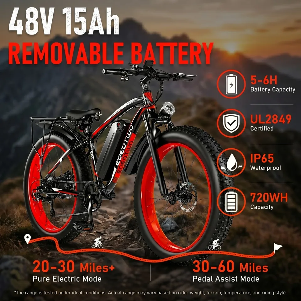 1500W Electric Bike for Adult 60Mile 34MPH 26'' Fat Tire E-Mountain Bicycle image 8