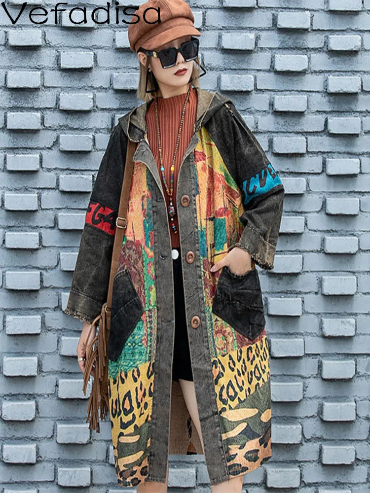 

Vefadisa Women Long Sleeves Hooded Coat Loose Retro Mid-length Knitting Splicing Denim Printing Coat 2024 Spring Autumn LHX2040