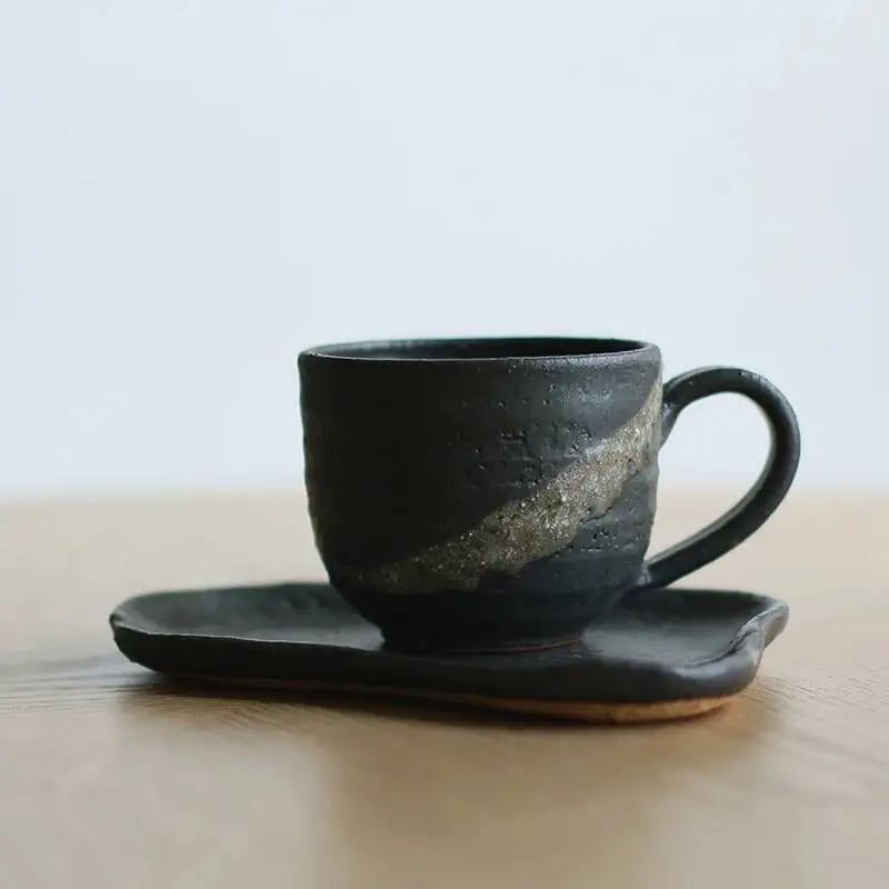 In Stock Japanese Imported Shigaraki Ware Handmade Black Pottery Coffee Tea Mug And Saucer Stoneware Cup Set