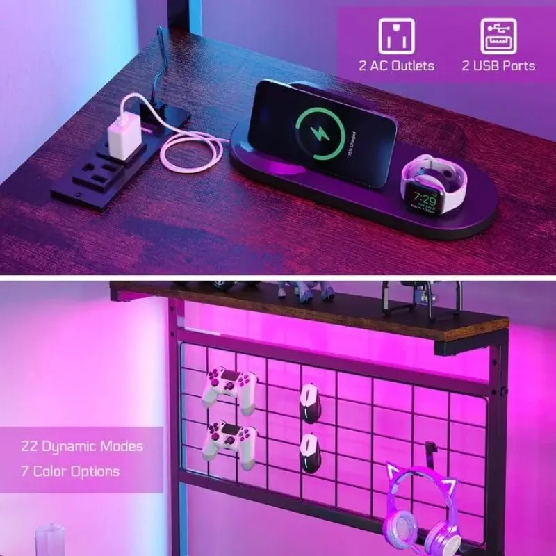 L Shaped Gaming Desk, Reversible Computer Desk with 4-Tier Shelves, Corner Desk with Pegboard, Home Office Desk with LED Lights