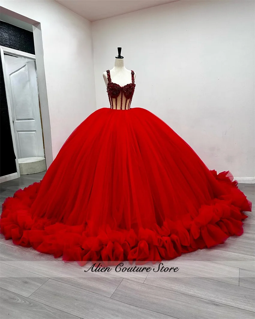 2024 Red Quinceanera Dress Ruffles With Beaded Crystal Corset Sweet 16 Birthday Party Formal Wear Dress Vestidos De 15 Años