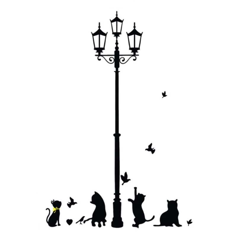 Cute Black Cat Little Bird under the Retro Lamp Vinyl Wall Stickers for Home Decoration Kids Bedroom Living Room Warm Wallpaper