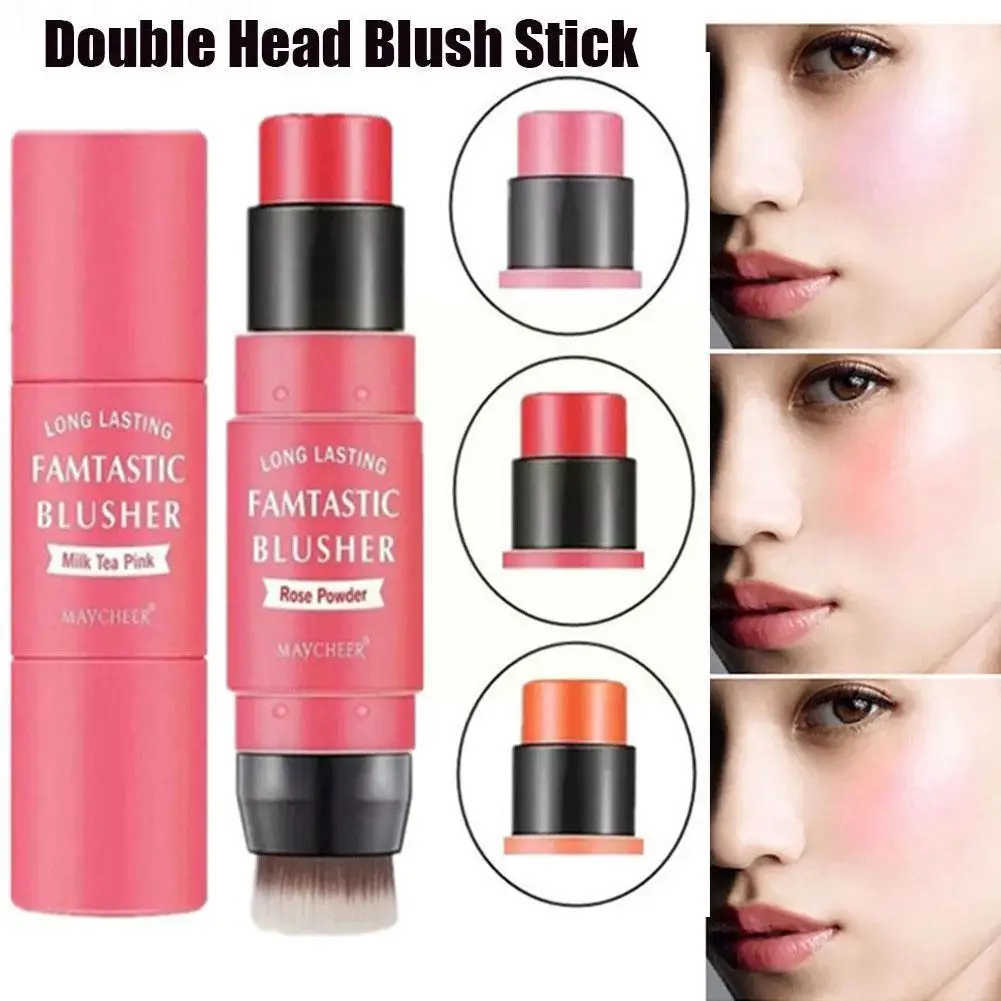 Colorete de doble cabeza con pincel para iluminar la cara, maquillaje cremoso, polvo de colorete naranja melocotón St T5H1, 3 colores