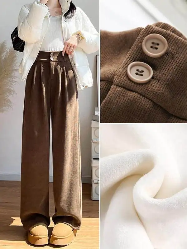 Pantalones Anchos de Pana Blanca a la Moda para Mujer, Invierno 2025, Nuevos Pantalones de Traje con Forro, Talla Pequeña, Pantalones de Pierna Recta