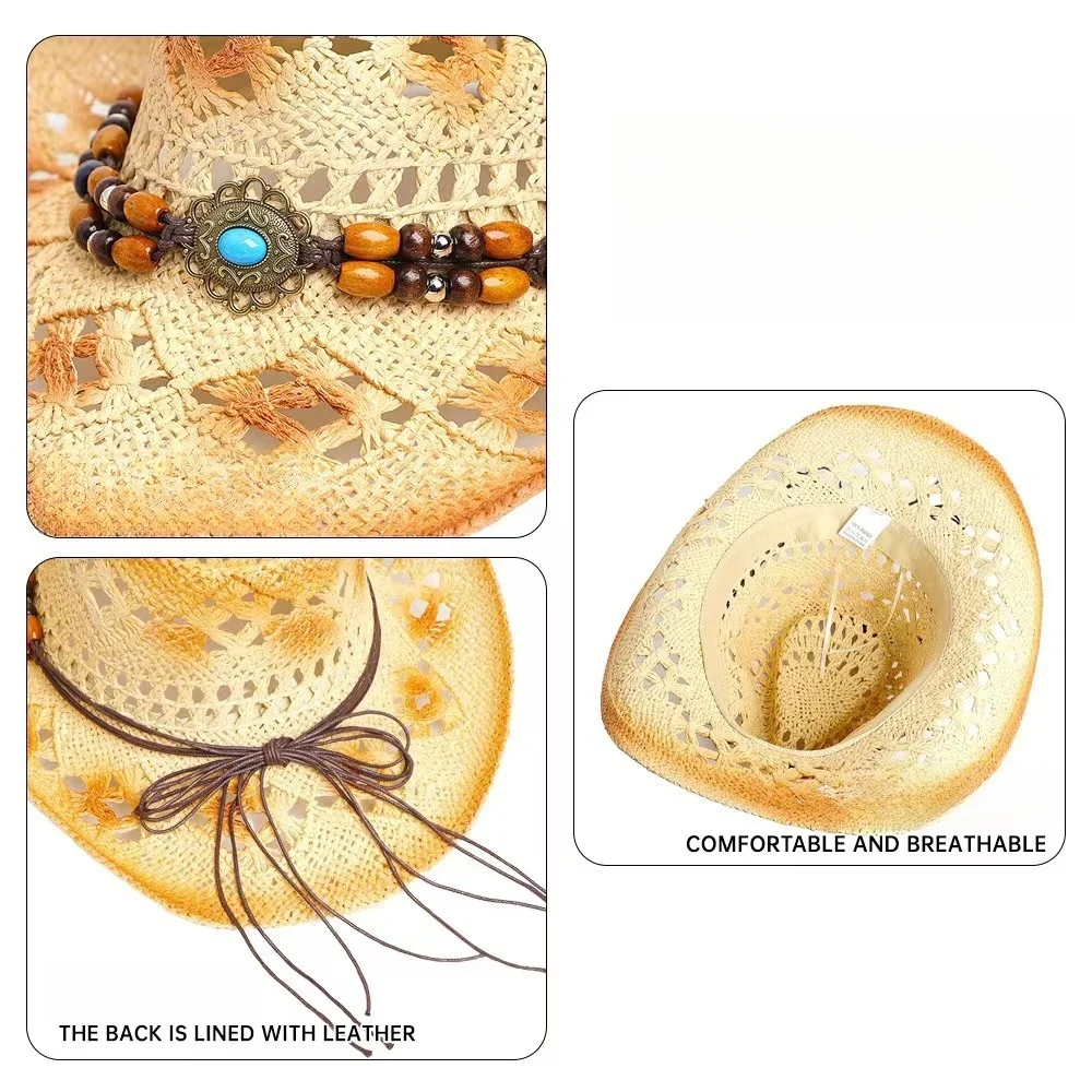 Neue Stroh Cowgirl Hut Unisex Strand Hut Kuh Junge Hut Mit Hut Band Für Männer Frauen Atmungsaktive Leichte Sonnenschutz – Detail 3