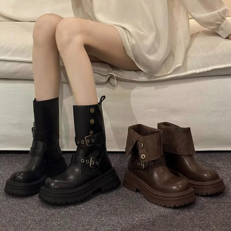 Women's Fashion Chunky Single Boots Autumn New Round Head Sleeve Rivet Metal Belt Buckle Thick Sole Non-slip Short Boots image 6