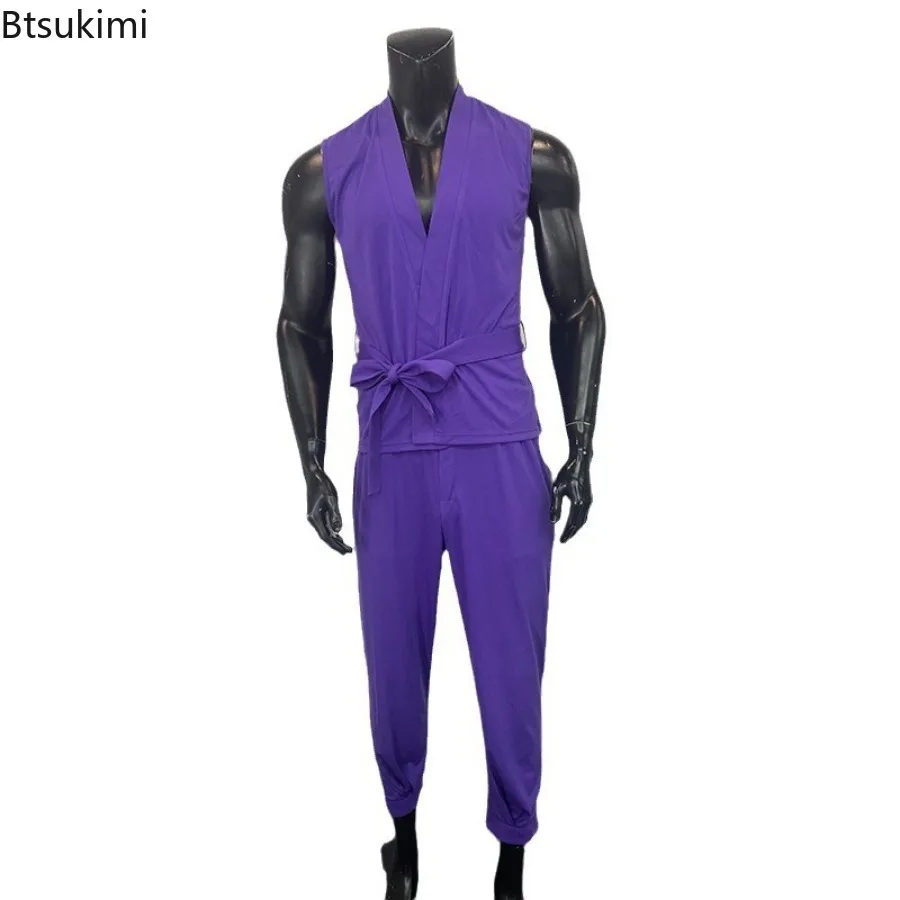 2024 Fashion High Street Men's Two Pieces Purple Sleeveless Lace-up Cardigan Tops and Pants Casual Outfits Trend Men's Clothing