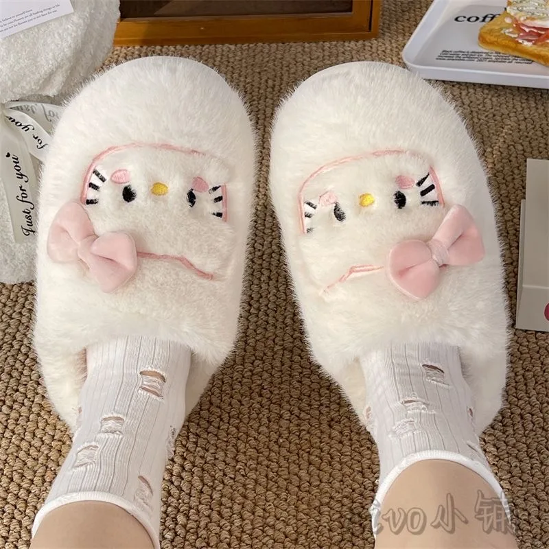 

Ins Cute Hello Kitty Hair Slippers High Beauty Winter Cotton Slippers Warm Thick Bottom Home Shoes for Women