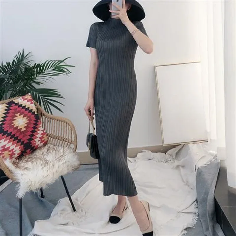 ميدي فستان المرأة الصيف نمط جديد ضوء ناضجة جو الركبة طول الوقوف طوق قصيرة الأكمام فساتين راقية الصينية #2