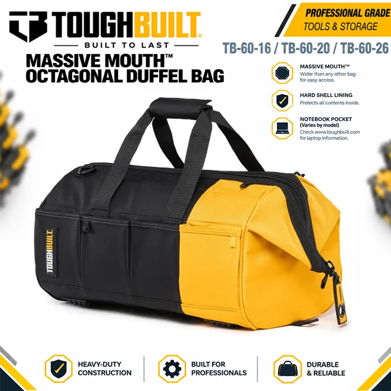 TOUGHBUILT TB-60-16/20/26 Massive Mouth Octagon Tool Bag, 40/50/66cm Wide Opening Hardware Storage Handbag