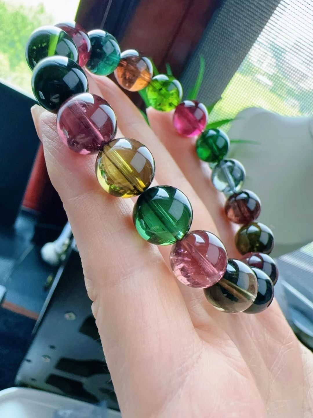 Natural Colorful Red Tourmaline Clear Round Beads Bracelet 10.3mm Red Green Tourmaline For Women Men AAAAAAA