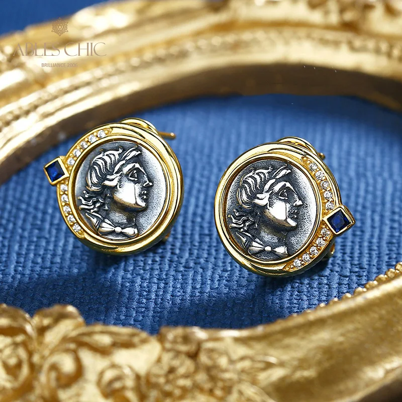 Ables Chic Artemis Goddess of the Hunt Greek Coins Solid 925 Silver Roman Coin Simulated Sapphire Stud Earrings E1041