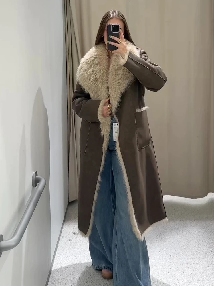 HH Women Fashion Reversible Long Coat Faux Fur Effect Jacket Long Sleeves Pocket Lapel One Button Coat Woman Casual Warm Outwear