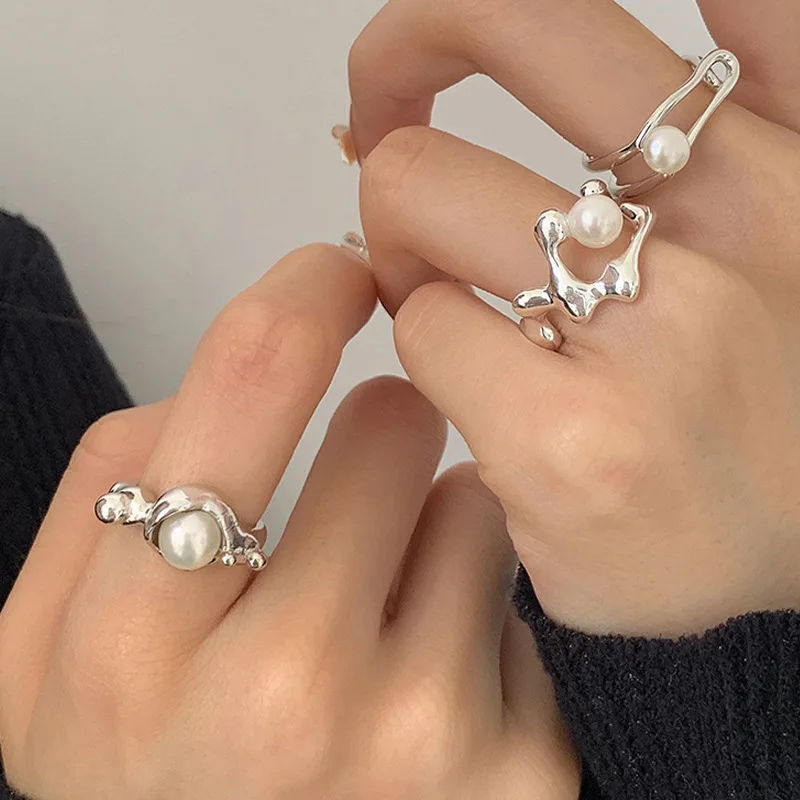 925 Sterling Silver Open Finger Ring Pearl Leaf Elegant Punk Irregular Line Stackable For Women Jewelry Gift Dropship Wholesale