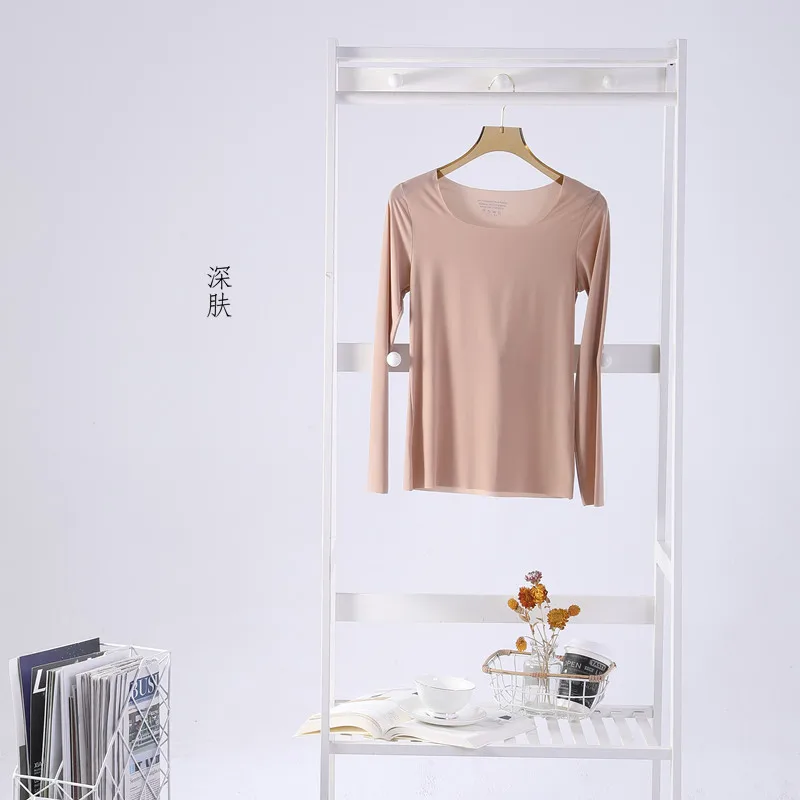 Ice Silk Traceless Women Bottom Underwear Top Spring Autumn Long Sleeved Sleepwear T-shirt One Piece Pajamas Casual Night Shirt 3