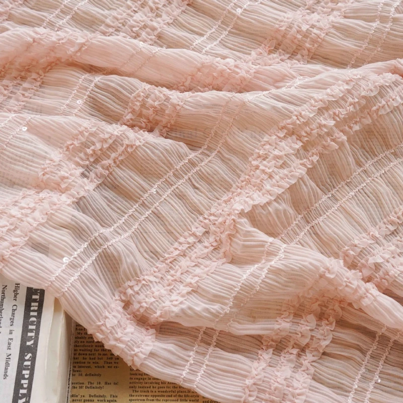 Tessuto chiffon elasticizzato pieghettato a righe in 6 colori, pizzo chiffon ricamato con paillettes increspate per abito da ragazza, matrimonio, abito estivo