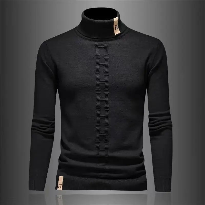 2024 Winter Men's High Neck Thickened Letter Twisted Flower Knitwear Trendy Brand Slim Fit Sweater Bottom Knitwear