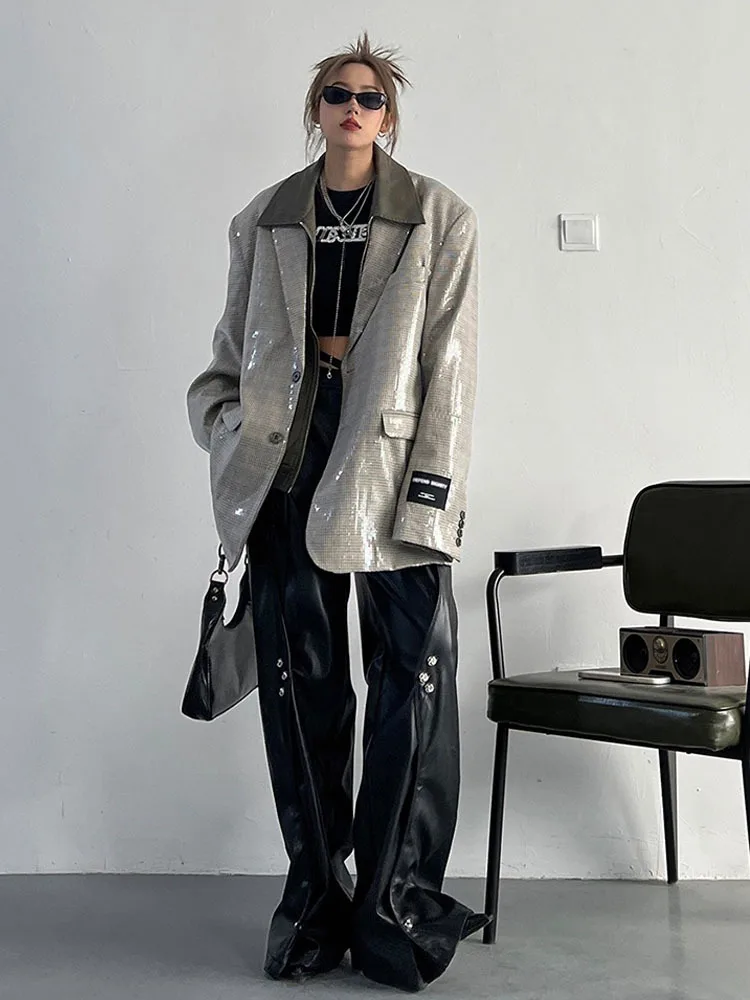 

Women Gray Sequins Big Size Casual Blazer New Lapel Long Sleeve Loose Fit Jacket Fashion Tide Spring Autumn 2023