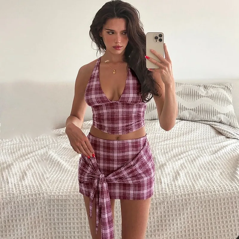 

Tuularose Women's Fashiona Dress Sets Sexy Backless Plaid Top Slim Lace-up Mini Skirt Set Retro Y2K Party Look Summer Dress Sets