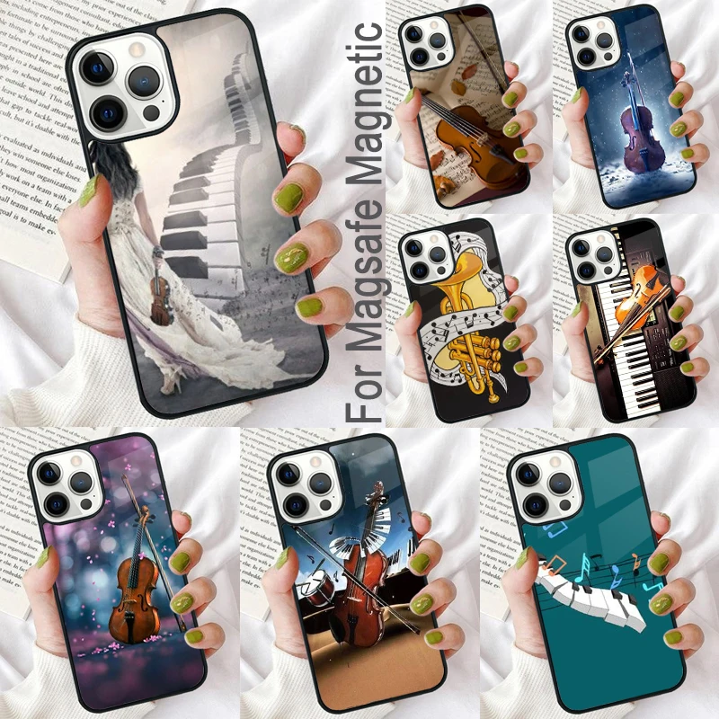 

Мягкий Магнитный чехол для телефона с изображением скрипки пианино для iPhone 16 Promax 15 Pro 13 14 Plus 11 12 Mini MagSafe Coque