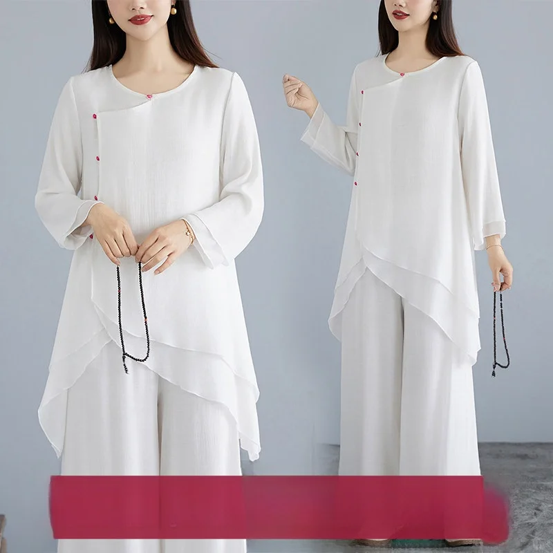 

Summer New Yoga Clothes Set Women's Wide Leg Linen Top Bottom Two-Piece Pure Color Artistic Style Casual Loose Fit T-Shirt
