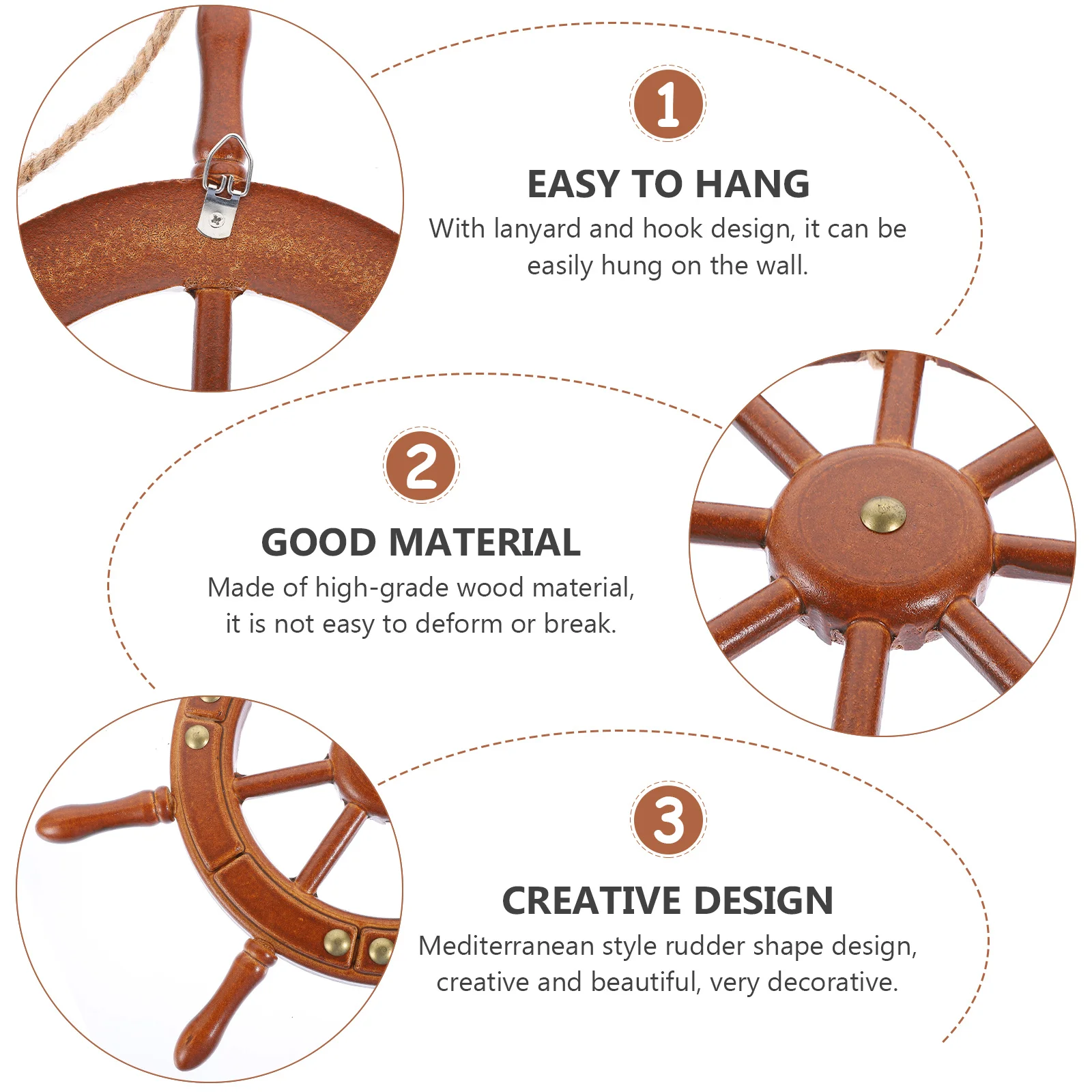 

Wooden Wall Hanging Rudder Decoration Mediterranean Style Boat Wheel Ornament for Home Living Room Bedroom Decorative Art Piece