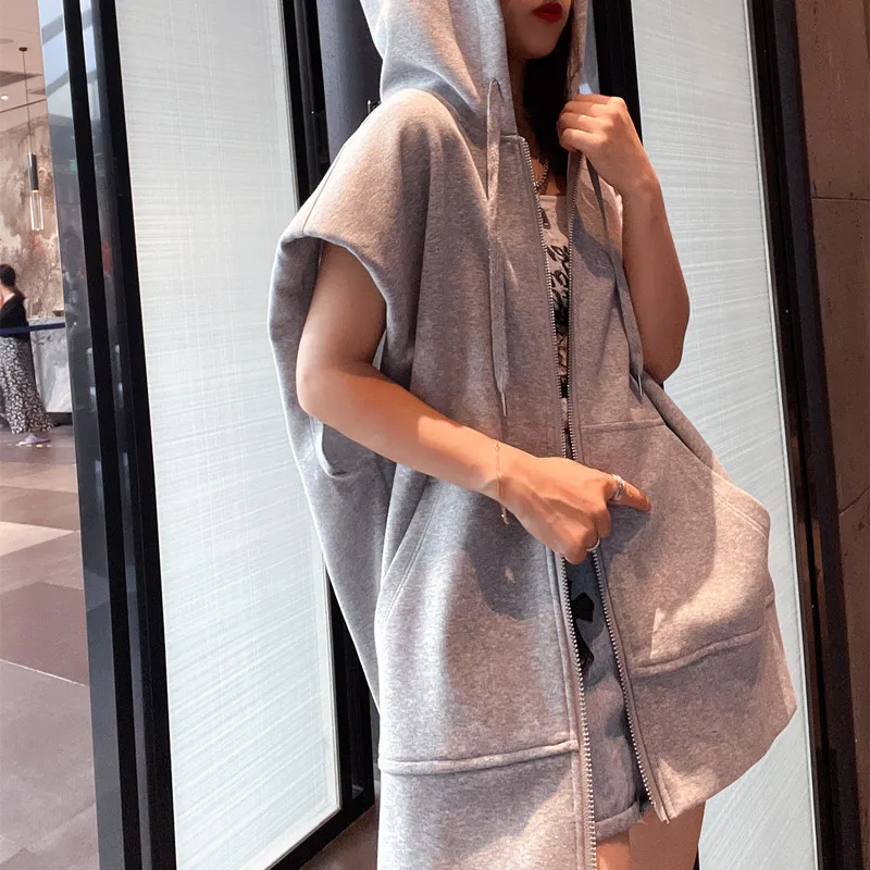 

Spring New Hooded Vest Women Loose Style Cowboy Oversized Zipper Female Sleeveless hoodies Waistcoat