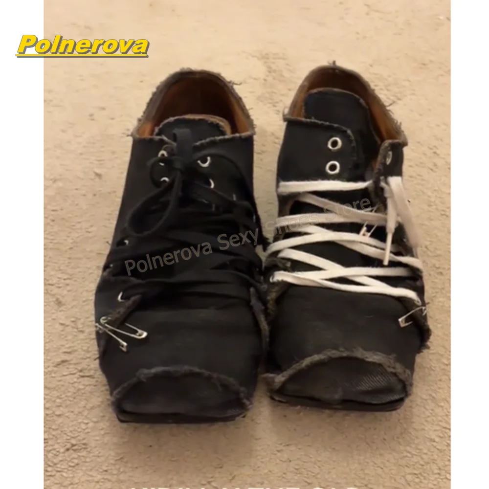 Black Canvas Lace Up Patchwork Pumps Square Toe Chunky Heels Safety Pin Accent Distressed Frayed Edge Retro Shoes 2026 New Style