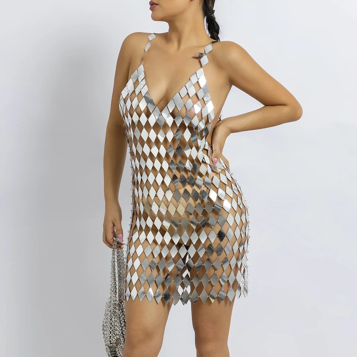 Diamond-Shaped Squamous Metallic Patchwork Body Chain See Though Nightclub Party Hip Backpack Sliver Sequins Halter Mini Dress