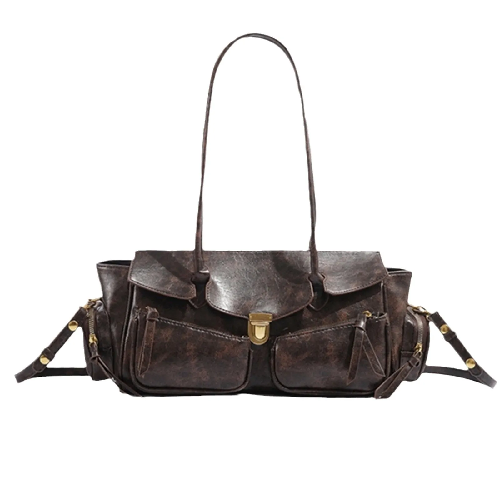 2026 New Large Bowling Bag Chic Boston Handbag Solid Color Biker Crossbody Bag Shoulder Bag Women's Vintage Underarm Bag