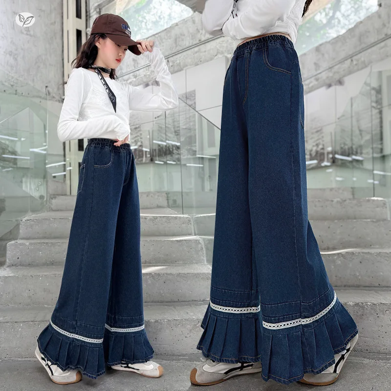 

Girls' Wide-Leg Jeans Fashion Denim Pants with Embroidered Hems Loose-Fit Long Autumn Trousers for Ages 7-14