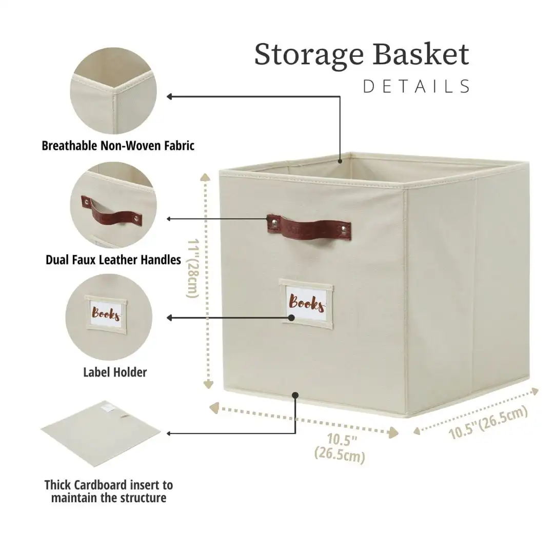 Set of 6 Fabric Cube Storage Bins, Beige Closet Organizer Storage Bins