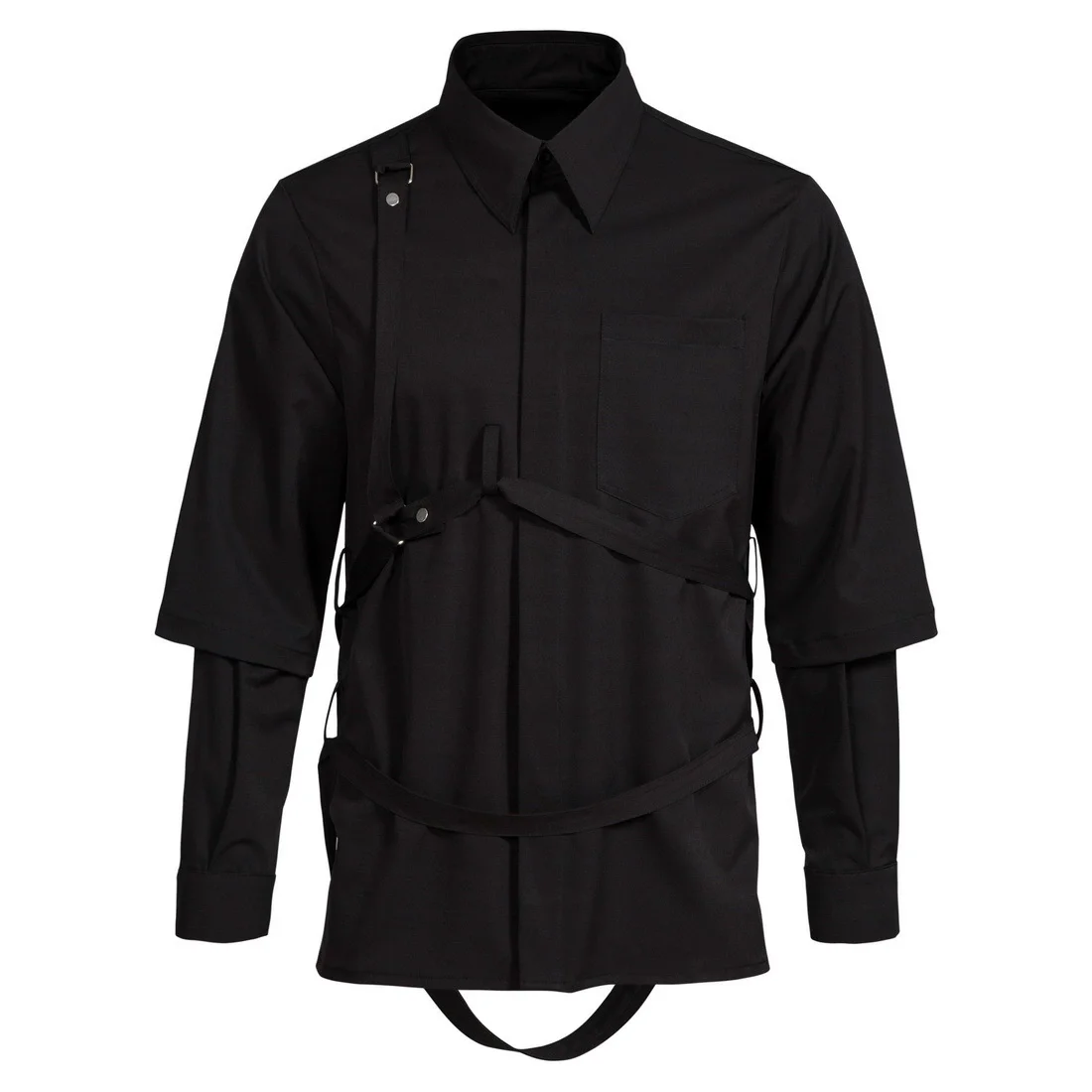 Black Punk Style Shirt for Men Casual Fashion Sleeved Turn Down Collar Tops