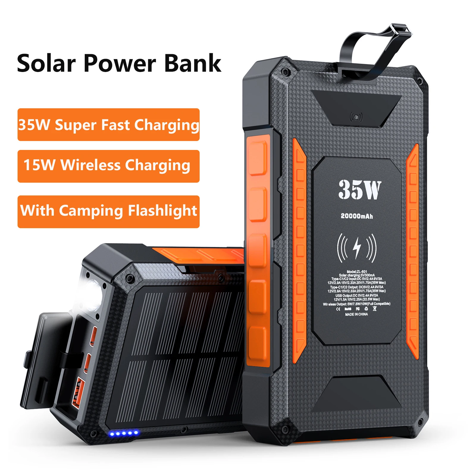 

Solar Power Bank 20000mAh Type C PD 35W Fast Charging Wireless Charger Powerbank for iPhone 17 X Samsung Huawei Xiaomi Powerbank