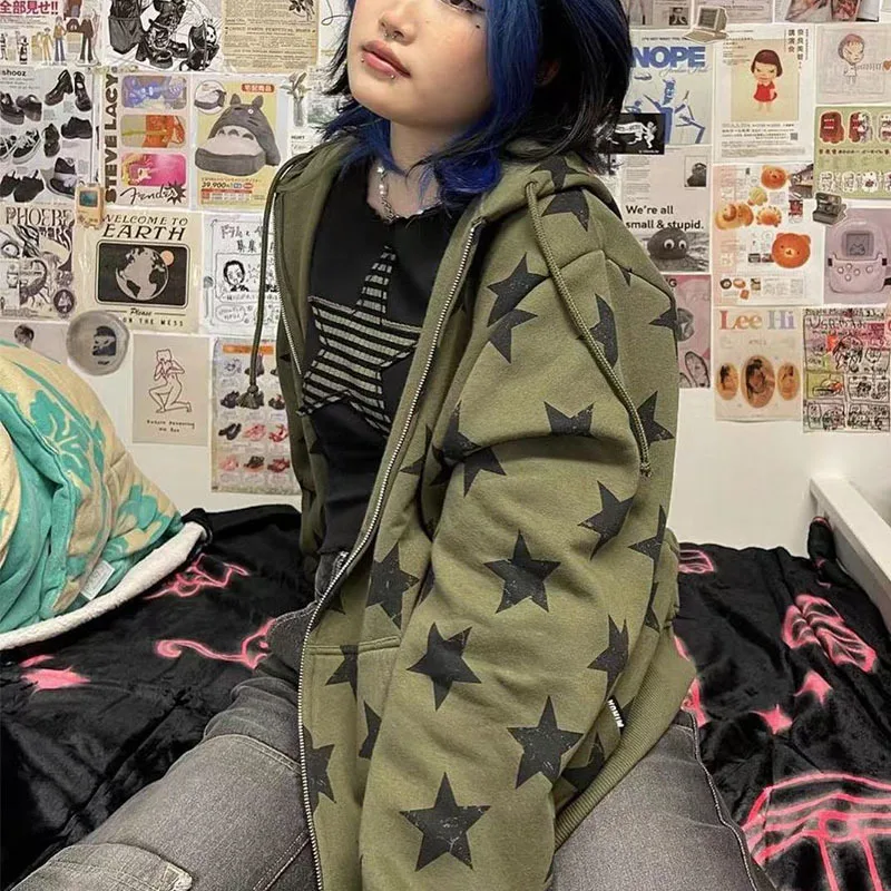 Bluzy z kapturem ze wzorem gwiazdy gotycki trend kobiety mężczyźni bluza z kapturem na zamek para jesień luźna odzież sportowa Harajuku Hip Hop bluza oversize