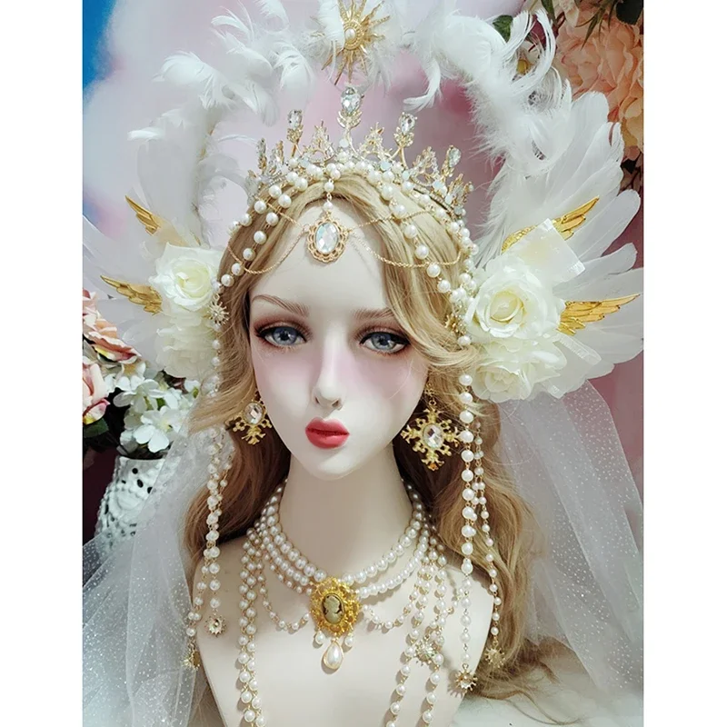 Gothic Lolita Witte Roos Engelenvleugels KC Halo Kroon Hoofddeksel Zonnegodin Mary Kralenketting Barokke Tiara Hoofddeksels Haaraccessoires
