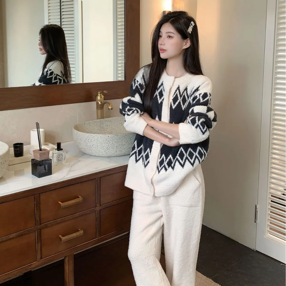 Thickened Warm Print Fall and Winter Women's Pajamas Top and Pants Set Coral Velvet Ladies 2PCS