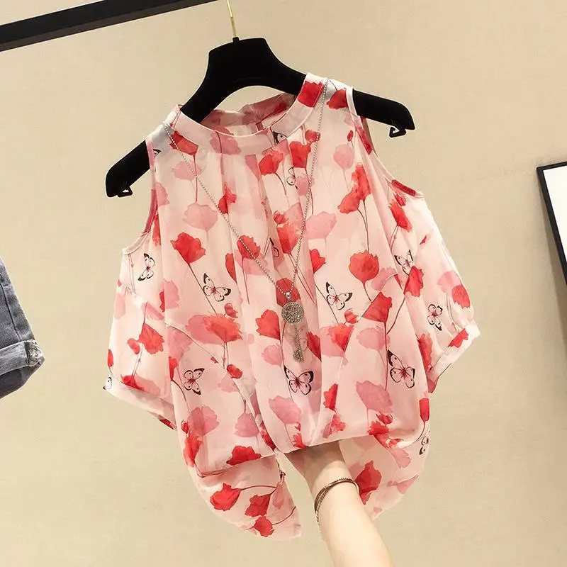 Sweet O-Neck Printed Off Shoulder Floral Chiffon Blouses Female Clothing 2024 Summer New Loose All-match Tops Korean Shirts