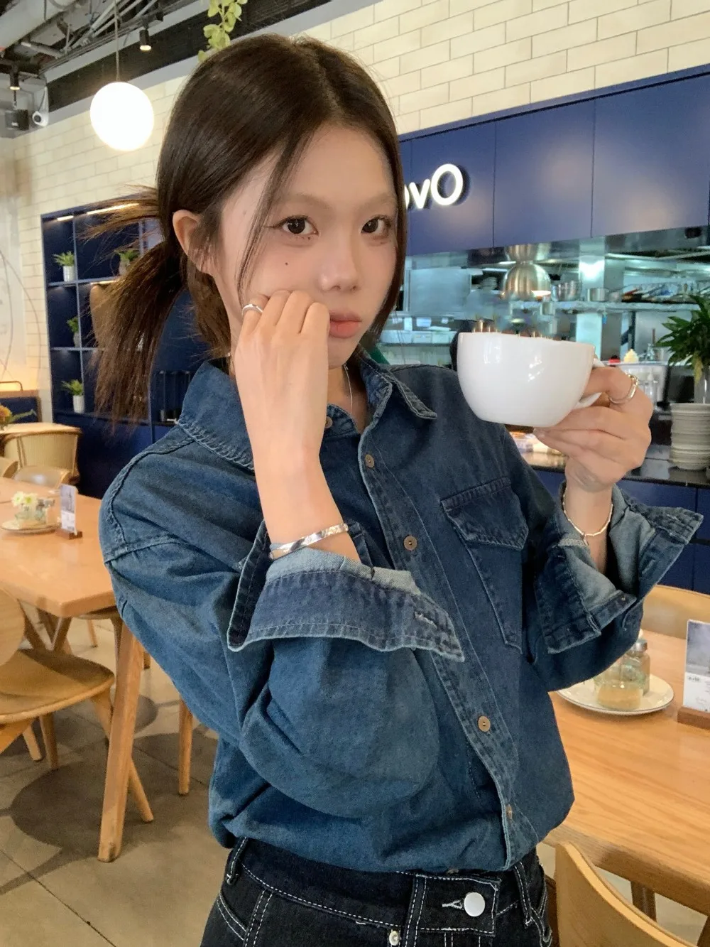 

Retro Washed Blue Collar Denim Shirt Women's Loose Casual Spring New Style Versatile Loose Top Polyester Fiber Long Sleeve