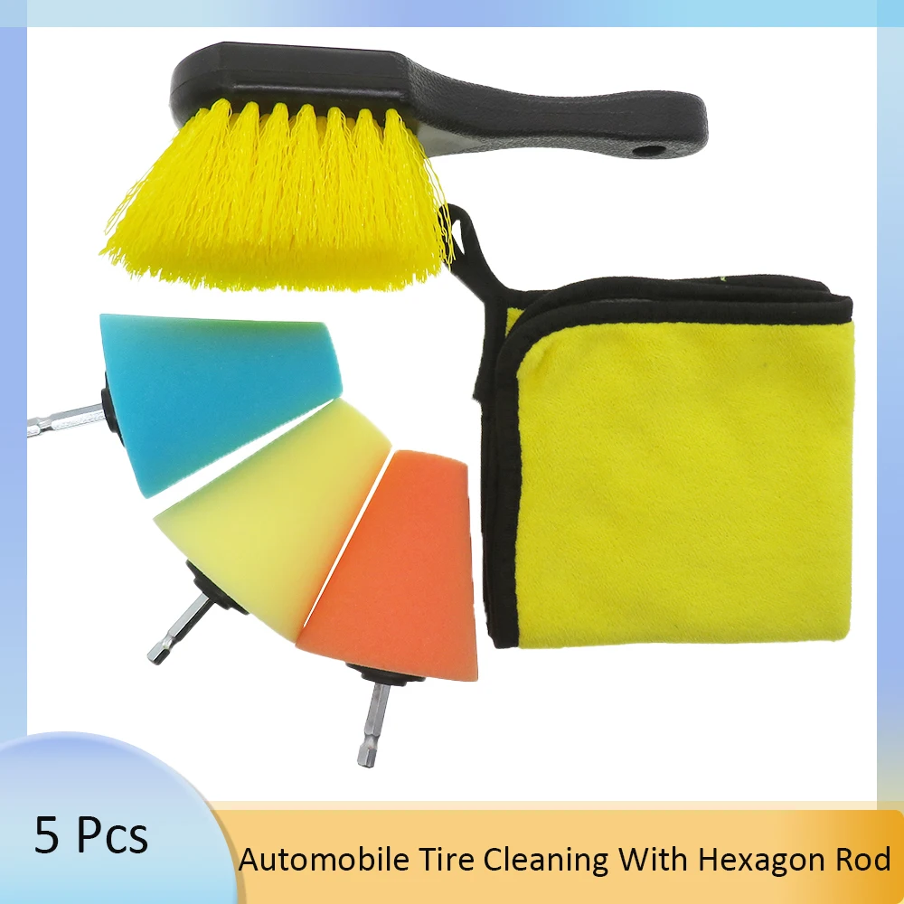 

5 Pcs Automobile Tire Cleaning Set Conical Wheel Hub Sponge Square Car Wash Towel Scrubbing Brush Cleaning and Polishing