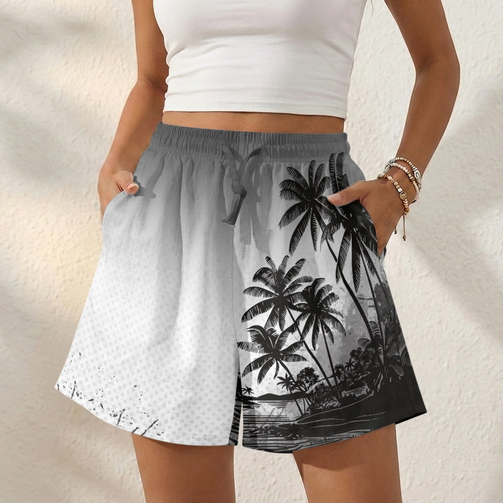 

XIXIRIMIDO Women's Linen Wide-legged Drawstring Short Pants High Waisted with Pockets Hawaiian Beach Print Vacation Clothes