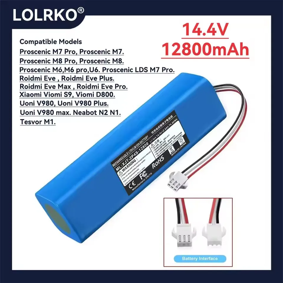 

14.4V 12800mAh Li-ion Battery - For Xiaomi Viomi S9/Roidmi Eve Plus/Uoni V980 Plus/LDS M7 Pro/Lydsto R1//Tesvor M1/Neabot N1 N2