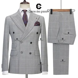 Cenne Des Graoom 2023 Classic Full Men's Suit Plaid 2 Pcs Vintage Double-Breasted Jacket Vest Pants for Office Business Wedding