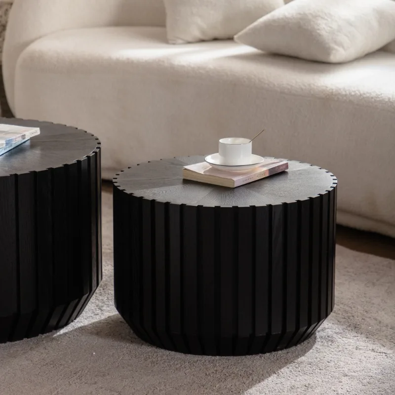 Black Ribbed Round Nesting Coffee Table Set Modern Living Room Side Table Wooden Center Table for Home Office Decor Furniture